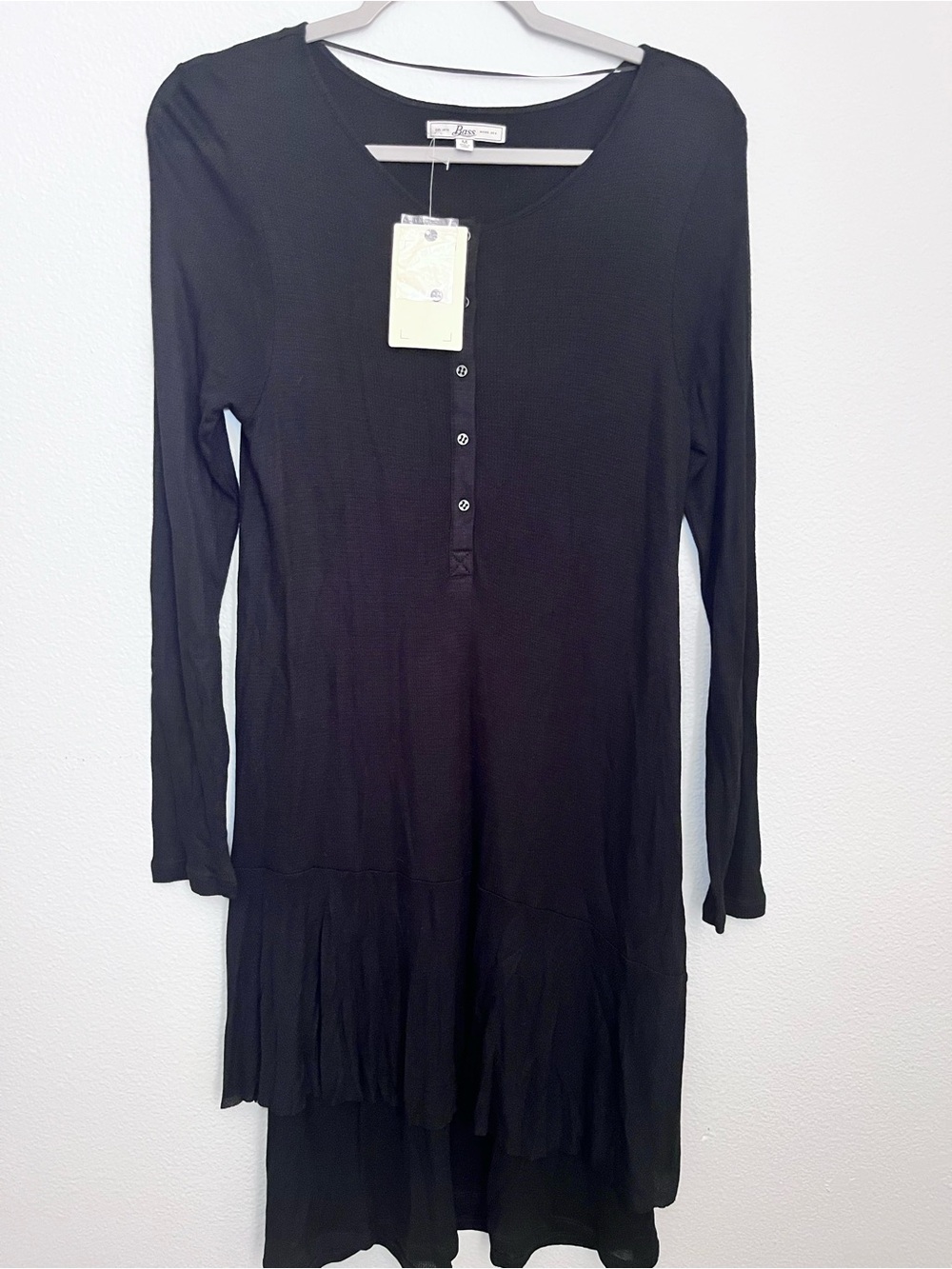 G.H. Bass & Co. Black Long-Sleeve Button Henley Ruffle Dress